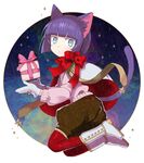  :&lt; androgynous animal_ears bangs blue_eyes blunt_bangs bob_cut boots bow capelet cat_ears cat_tail commentary_request full_body gift gloves kuroi kuroinyan long_sleeves looking_at_viewer looking_to_the_side multicolored multicolored_eyes night night_sky pixiv_fantasia pixiv_fantasia_new_world purple_hair red_legwear red_ribbon ribbon short_hair sky solo star sweater tail white_background white_footwear white_gloves 
