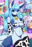  animal_print anthro anthrofied big_breasts blue_body blue_eyes blue_hair breasts cherubi clock clothed clothing cottonee cow_print dessert eeveelution female flaaffy food generation_1_pokemon generation_2_pokemon generation_4_pokemon generation_5_pokemon gengar glaceon hair hi_res ice_cream legwear meowth nintendo partially_clothed pokemon pokemon_(species) sitting_on_counter smile smiling_at_viewer solo store thigh_highs vanillite yumiiefox 