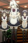  apron black_legwear blush emilia_hermit garters green_eyes hair_intakes highres hundred long_hair maid maid_headdress multiple_girls standing stitched thighhighs white_hair wrist_cuffs 