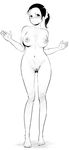  bare_legs barefoot blush braid breasts female gluteal_fold looking_at_viewer monochrome nipples nude original pubic_hair simple_background solo standing wata_fooling white_background 