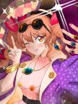  1girl absurdres bracelet breasts coat commentary english_commentary eyewear_on_head highres jewelry looking_at_viewer orange_eyes orange_hair pendant purple_coat ring round_eyewear selfie shizen11037 solo sunglasses touhou upper_body v yorigami_jo&#039;on 