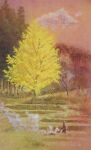  0zolvut2323nyus 1other absurdres cloud cloudy_sky forest ginkgo_tree highres hill nature nihonga original outdoors painting_(medium) pink_sky scenery sky solo traditional_media tree watercolor_(medium) 