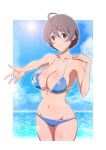  1girl ahoge bikini blue_bikini breasts brown_hair commentary_request day green_eyes hair_between_eyes highres idolmaster idolmaster_million_live! idolmaster_million_live!_theater_days kakiken large_breasts looking_at_viewer ocean outdoors sakuramori_kaori short_hair solo string_bikini sun swimsuit 