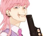  1boy close-up collared_shirt ear_piercing eyelashes from_side green_eyes gun head_tilt holding holding_gun holding_weapon looking_at_viewer male_focus medium_hair mog_ky necktie parted_lips piercing pink_hair portrait purple_necktie purple_vest sanzu_haruchiyo scar scar_on_face shirt simple_background smile solo striped_clothes teeth tokyo_revengers twitter_username vest weapon white_shirt wolf_cut 