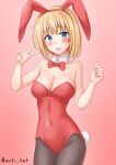  1girl animal_ears anti_(untea9) blonde_hair blue_eyes bow bowtie breasts covered_navel cowboy_shot detached_collar embarrassed fake_animal_ears gradient_background highres kantai_collection leotard looking_at_viewer pantyhose playboy_bunny rabbit_ears rabbit_tail red_background red_leotard rodney_(kancolle) short_hair smile solo strapless strapless_leotard tail traditional_bowtie twitter_username v wrist_cuffs 