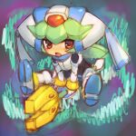  1girl armor chibi crop_top green_hair highres holding holding_staff long_hair mega_man_(series) mega_man_zx midair model_w_(mega_man) no_nose pandora_(mega_man) power_armor red_eyes riding sasaki_shou sketch solo staff white_helmet 