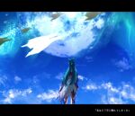  1girl animal_ears blue_sky chinese_clothes floating_hair fox_ears fox_tail from_behind green_hair highres honkai:_star_rail honkai_(series) letterboxed long_hair looking_up sky solo spacecraft tail tayuta_(tayuta_fa) wide_shot yukong_(honkai:_star_rail) 