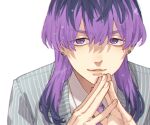  1boy blue_suit close-up collared_shirt ear_piercing haitani_rindou leaning_forward light_blue_jacket light_smile looking_at_viewer male_focus medium_hair mog_ky multicolored_hair necktie own_hands_together parted_lips piercing portrait purple_eyes purple_hair purple_necktie shirt simple_background solo striped_clothes suit tokyo_revengers twitter_username two-tone_hair white_shirt wolf_cut 
