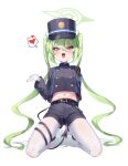  1girl absurdres belt black_belt black_hat black_jacket black_shorts black_tail blue_archive blush demon_tail fang gloves green_hair green_halo hair_between_eyes halo hat heart highlander_twintails_conductor_(blue_archive) highres jacket long_hair long_sleeves looking_at_viewer open_mouth pantyhose peaked_cap pointy_ears pussy_juice pussy_juice_drip_through_clothes shorts simple_background skin_fang solo spoken_heart tail taiyaki12 twintails twitter_username white_background white_gloves white_pantyhose yellow_eyes 