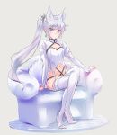  1girl adapted_costume animal_ears blue_eyes boots breasts cleavage_cutout coughing earrings garter_straps high_heel_boots high_heels highres iesupa jewelry legs_crossed long_hair midriff navel ponytail rwby scar scar_across_eye side_ponytail sitting small_breasts solo tail thigh_boots thighhighs tiara weiss_schnee white_hair 