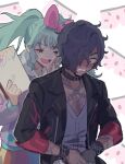  1boy 1girl :d absurdres black_collar black_hair black_jacket blush bone_oyasumi bow collar constricted_pupils dark-skinned_male dark_skin embarrassed food_print green_hair grey_shirt hair_bow hair_over_one_eye hands_up highres hood hoodie idol_land_pripara jacket katasumi_amari long_hair long_sleeves looking_down male_underwear mario_(pripara) nervous_sweating open_clothes open_jacket open_mouth pink_bow pink_eyes pretty_series pripara purple_hoodie red_eyes shirt short_hair smile standing strawberry_print sweat teasing teeth twintails underwear 