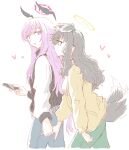  2girls animal_ears black_hair blue_archive blue_eyes blush cellphone choker denim dog_ears dog_tail extra_ears floating_headgear green_panties halo hariyaa headgear heart hibiki_(blue_archive) highres holding holding_hands holding_phone jacket jeans letterman_jacket long_hair long_sleeves looking_at_another multiple_girls panties pants phone pink_eyes pink_hair shirt side_ponytail sidelocks smartphone smile tail tail_wagging underwear utaha_(blue_archive) white_background yellow_shirt yuri 