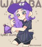 baseball_cap blush english_text eromame grey_eyes hat holding holding_weapon hugging_object jersey octoling octoling_girl octoling_player_character purple_hair shorts smile splat_bomb_(splatoon) splatoon_(series) splattershot_jr_(splatoon) tentacle_hair weapon 