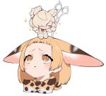  2girls alpaca_ears alpaca_girl alpaca_suri_(kemono_friends) animal_ears blonde_hair bow bowtie cat_ears cat_girl closed_eyes extra_ears grey_hair highres kemono_friends long_hair multiple_girls notora one_eye_closed scissors serval_(kemono_friends) serval_print short_hair simple_background yellow_eyes 