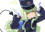  1girl :&lt; armband black_jacket blue_archive blue_armband blue_hat blush buttoned_cuffs buttons collared_jacket demon_tail double-breasted earrings gloves green_hair hair_between_eyes halo hat highlander_sidelocks_conductor_(blue_archive) highres jacket jewelry long_hair long_sleeves looking_at_viewer miebao pointy_ears rabbit_pose shako_cap shoulder_boards sidelocks simple_background sleeve_cuffs solo tail upper_body v-shaped_eyebrows wavy_hair white_background white_gloves yellow_eyes 