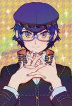  1girl blue_eyes blue_hair cabbie_hat crossdressing detective glasses hat highres houndstooth long_sleeves nail_polish persona persona_4 rao_per_mitsuru reverse_trap shirogane_naoto short_hair solo sparkle twitter_username 