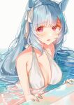  1girl animal_ears bare_shoulders bikini blue_hair blush braid breasts cleavage crown_braid halterneck highres horse_ears horse_girl large_breasts light_blue_hair long_hair looking_at_viewer lower_teeth_only mejiro_ardan_(umamusume) open_mouth partially_submerged pink_eyes pool purple_eyes ribbon solo swimsuit teeth ueruko umamusume upper_body water wet white_bikini white_ribbon 