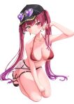  1girl 4kimizuki absurdres baseball_cap bikini bikini_under_shorts black_hat breasts cleavage dolphin_shorts earrings eyewear_on_head gold_earrings gold_necklace gradient_hair grey_shorts hat heart heart-shaped_eyewear heart_earrings heart_necklace heterochromia highres hololive houshou_marine houshou_marine_(summer) jewelry large_breasts long_hair looking_at_viewer multicolored_hair necklace o-ring o-ring_thigh_strap official_alternate_costume purple_hair red_bikini red_eyes red_hair sandals shorts smile solo sunglasses swimsuit thigh_strap twintails virtual_youtuber white_background yellow_eyes 