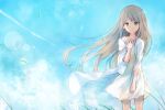  1girl brown_hair contrail day dress grass green_eyes hand_on_own_chest long_hair looking_at_viewer mikanniro original outdoors sky smile solo standing white_dress wind 