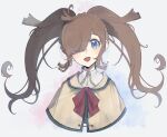  1girl :d absurdres ahoge amino_(li0a4) bad_id bad_twitter_id blue_eyes blunt_bangs brown_hair capelet collared_shirt cropped_torso grey_background hair_over_one_eye highres kiratto_pri_chan long_hair looking_at_viewer neck_ribbon nijinosaki_dia open_mouth pretty_series red_ribbon ribbon shirt sidelocks simple_background smile solo twintails upper_body white_shirt yellow_capelet 