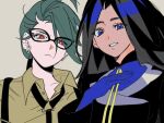  2girls black-framed_eyewear black_hair black_jacket black_necktie blue_eyes blue_gloves blue_shirt bright_pupils collared_shirt commentary_request earrings eyelashes geeta_(pokemon) glasses gloves green_hair hair_between_eyes hand_up jacket jewelry long_hair long_sleeves multiple_girls nanaasuzy_pk neck_ribbon necktie pokemon pokemon_sv red_eyes ribbon rika_(pokemon) shirt suspenders upper_body white_pupils yellow_ribbon 