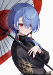  1girl black_dress blue_hair closed_mouth commentary_request dress hair_between_eyes hair_over_one_eye haruwo highres holding holding_umbrella hololive hoshimachi_suisei hoshimachi_suisei_(8th_costume) long_hair long_sleeves looking_at_viewer official_alternate_costume oil-paper_umbrella red_eyes red_nails smile solo umbrella upper_body variant_set 