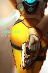  2016 artstation_sample ass bodysuit bomber_jacket brown_jacket character_name copyright_name cross-laced_clothes dated elbow_gloves from_behind gloves gun handgun holding holding_gun holding_weapon image_sample jacket leather leather_jacket orange_bodysuit overwatch pants pistol shan_zhui solo thighs tight tight_pants tracer_(overwatch) vambraces weapon white_gloves 
