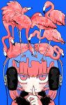  1girl animal_on_head bird bird_on_head black_headphones black_scarf blue_background blush_stickers check_copyright closed_mouth colored_eyelashes commentary_request copyright_request fang fang_out finger_to_mouth flamingo fur_scarf highres limited_palette looking_at_viewer medium_hair nail_polish on_head original pink_eyes pink_hair pink_shirt portrait red_nails scarf shirt simple_background skin_fang smile solo straight-on terada_tera 