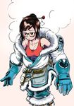  absurdres beads collarbone commentary cowboy_shot frown fur_collar fur_trim glasses gloves hair_bun hair_ornament hair_stick highres hot mei_(overwatch) monochrome_background nakahara_kaihei overwatch solo steam sweat tank_top traditional_media 