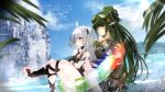  2girls ahoge arknights bare_shoulders black_gloves blue_sky blurry breasts cloud crocodilian_tail day depth_of_field fingerless_gloves gavial_(arknights) gloves goggles goggles_on_head green_hair grey_hair hair_over_one_eye highres innertube legs lens_flare long_hair mask mask_around_neck material_growth mountainous_horizon multicolored_hair multiple_girls ocean official_alternate_costume one-piece_swimsuit oripathy_lesion_(arknights) outdoors pointy_ears ponytail sitting sky smile standing stirrup_legwear streaked_hair swim_ring swimsuit tail thighs toeless_legwear toes tomimi_(arknights) tudili water yellow_eyes 