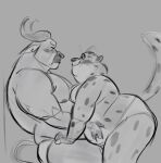 anthro benjamin_clawhauser blush cheetah chief_bogo daichi_akimichi disney duo felid feline looking_at_another male mammal monochrome overweight overweight_anthro overweight_male raised_tail shirtless sketch smile tail zootopia