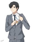  1boy black_hair black_necktie blue_archive grey_pants grey_suit highres holding lanyard male_focus messy_hair necktie pants sensei_(blue_archive) sensei_(blue_archive_the_animation) shirt signature solo suit ultra_series ultra_zero_eye white_shirt 