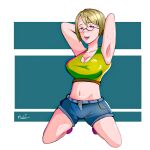 1girl among_us armpits arms_behind_head arms_up belt blonde_hair breasts cleavage collarbone crop_top glasses hot large_breasts looking_at_viewer midriff mugii navel open_mouth original pink_eyes short_hair shorts signature simple_background sleeveless smile solo squatting sweat teeth thighs 