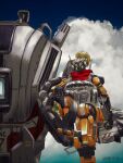  absurdres blue_eyes bulletproof_vest cloud head_tilt highres humanoid_robot in_palm looking_at_viewer mecha no_humans rem_(linearc) robot ronin_(titanfall_2) sky spectre_(titanfall) titan_(titanfall) titanfall_(series) titanfall_2 twitter_username 