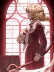  1girl blonde_hair bow capelet commentary_request curly_hair dress elly_(touhou) frilled_capelet frilled_sleeves frills hat hat_bow highres holding holding_clothes holding_hat holding_scythe indoors kaigen_1025 long_sleeves medium_hair neck_ribbon puffy_sleeves red_bow red_dress red_ribbon ribbon scythe standing sun_hat touhou touhou_(pc-98) unworn_hat unworn_headwear white_capelet white_hat window yellow_eyes 