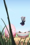  1girl bare_shoulders bird_girl bird_tail bird_wings black_dress black_gloves blue_dress dress easter_egg egg elbow_gloves forced_perspective frilled_dress frills gloves hair_between_eyes head_chain head_wings highres jumping kemono_friends midair multicolored_hair ookii_yama ostrich_(kemono_friends) pantyhose red_hair red_pantyhose red_scarf scarf short_hair sidelocks sleeveless solo tail two-tone_dress two-tone_scarf white_hair white_scarf wings 