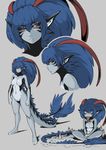  blue_hair breasts character_sheet eating facial_mark female fish indian_style monster_girl multicolored_hair navel original petite-emi pointy_ears red_eyes simple_background sitting standing tail 