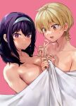  bed_sheet blonde_hair breasts hairband harumi_hana highres holding holding_sheet ichihara_chiaki konbu_wakame large_breasts long_hair looking_at_viewer nude orange_eyes pink_background purple_eyes purple_hair sekai_de_ichiban_oppai_ga_suki! short_hair white_hairband yuri 