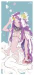  1girl blush breasts dress fate/grand_order fate_(series) gorgon_(fate) head_wreath highres long_hair looking_down medusa_(fate) medusa_(lancer)_(fate) music_like_art open_clothes open_dress parted_bangs purple_eyes purple_hair revealing_clothes sitting small_breasts solo very_long_hair wariza white_dress 