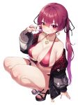  1girl absurdres bare_legs bikini black_jacket breasts cleavage dot_nose full_body grin gyoza_(pixiv17855879) hair_ribbon halterneck heterochromia highres hololive houshou_marine jacket jewelry large_breasts leg_belt legs_together long_hair looking_at_viewer nail_polish necklace off_shoulder red_bikini red_eyes red_hair red_nails ribbon simple_background smile solo squatting sweatdrop swimsuit tareme toeless_footwear toenail_polish toenails twintails v v-shaped_eyebrows virtual_youtuber white_background yellow_eyes 
