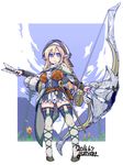  arrow blonde_hair blue_eyes bow_(weapon) braid breasts cloud hat highres large_breasts looking_at_viewer monster_hunter pointy_ears quill skirt sky solo sweatdrop thighhighs weapon yoshida_hideyuki zettai_ryouiki 