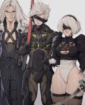  &gt;:) 1girl 2b_(nier:automata) 2boys black_blindfold black_dress black_gloves black_headband black_thighhighs blindfold boots breasts cleavage covered_eyes crossover cyborg dress evil_smile feather-trimmed_sleeves feather_trim final_fantasy final_fantasy_vii gloves grey_eyes headband highres holding holding_sword holding_weapon juliet_sleeves katana long_hair long_sleeves looking_at_viewer metal_gear_(series) metal_gear_rising:_revengeance mole mole_under_mouth multiple_boys nier:automata nier_(series) one_eye_covered puffy_sleeves raiden_(metal_gear) robot sephiroth short_hair smile spikes sword thighhighs thighhighs_under_boots v-shaped_eyebrows very_long_hair weapon white_hair yoracrab 