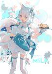  ! 1girl :d absurdres animal_ears apron aqua_ribbon arm_behind_back bare_shoulders blue_eyes bow cat_ears cat_girl cat_tail character_name copyright_name detached_sleeves food fruit gloves hair_bow highres holding holding_plate holding_tray leg_ribbon lobelia_(saclia) looking_at_viewer maimai_(game) milk_(maimai) open_mouth orange_(fruit) orange_slice plate puffy_shorts puffy_sleeves ribbon shirt short_hair short_sleeves shorts smile solo standing tail thigh_ribbon thighhighs tray virtual_youtuber white_background white_gloves white_hair white_shirt white_thighhighs x zettai_ryouiki 