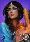  absurdres black_hair blue_eyes blue_shirt bread casual cyborg dark_skin dress earrings eyelashes food forehead_jewel glasses gradient gradient_background highres jewelry lips lipstick long_hair makeup mechanical_arm monori_rogue necklace overwatch peanut red_lips shirt solo symmetra_(overwatch) upper_body watermark web_address 