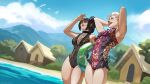  1boy 1girl absurdres arm_up arms_behind_head arms_up astarion baldur&#039;s_gate baldur&#039;s_gate_3 bare_legs bare_shoulders beach black_choker black_hair black_one-piece_swimsuit blue_sky blunt_bangs blush bow bulge choker closed_mouth cloud criss-cross_straps day dungeons_&amp;_dragons fang highres light_smile long_hair multicolored_clothes multicolored_swimsuit one-piece_swimsuit open_mouth outdoors pointy_ears poofroom_fanart red_eyes shading_face shadowheart_(baldur&#039;s_gate) short_hair sidelocks sky swimsuit tongue vampire white_hair 