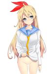  bare_legs bottomless female kirisaki_chitoge looking_at_viewer neneo nisekoi pussy school_uniform simple_background solo standing thigh_gap white_background 