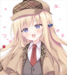  1girl :d black_vest blonde_hair blush brown_hat brown_jacket cabbie_hat cherry_blossoms collared_shirt falling_petals hat head_tilt jacket korie_riko long_hair long_sleeves looking_at_viewer necktie one_side_up open_clothes open_jacket open_mouth original petals plaid plaid_headwear plaid_jacket portrait purple_eyes red_necktie shirt sidelocks simple_background smile solo two-sided_fabric two-sided_jacket vest white_background white_shirt 
