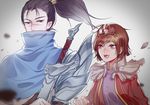  1girl :3 brown_eyes brown_hair covering_mouth eyebrows eyebrows_visible_through_hair facial_scar freckles geoly hair_ornament height_difference league_of_legends looking_at_another nose_scar ponytail scar short_eyebrows short_hair sword taliyah thick_eyebrows upper_body weapon yasuo_(league_of_legends) 