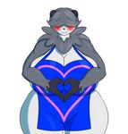  &lt;3 2016 anthro anthrofied apron bear big_breasts blush breasts cleavage clothed clothing fan_character female fur grey_fur grey_hair hair huge_breasts long_hair mammal nintendo panda pangoro pok&eacute;mon pok&eacute;morph roseline_riese simple_background smile solo thick_thighs tuft video_games white_background white_fur wide_hips xehta13 