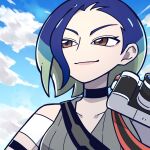  1girl armband bare_shoulders black_armband black_choker blue_hair bob_cut brown_eyes camera choker collarbone crop_top gradient_hair grey_shirt half-closed_eyes highres holding holding_camera loose_hair_strand multicolored_hair perrin_(pokemon) pokemon pokemon_sv ribbed_shirt roku_0502 shirt sleeveless sleeveless_shirt solo undershirt upper_body v-neck 